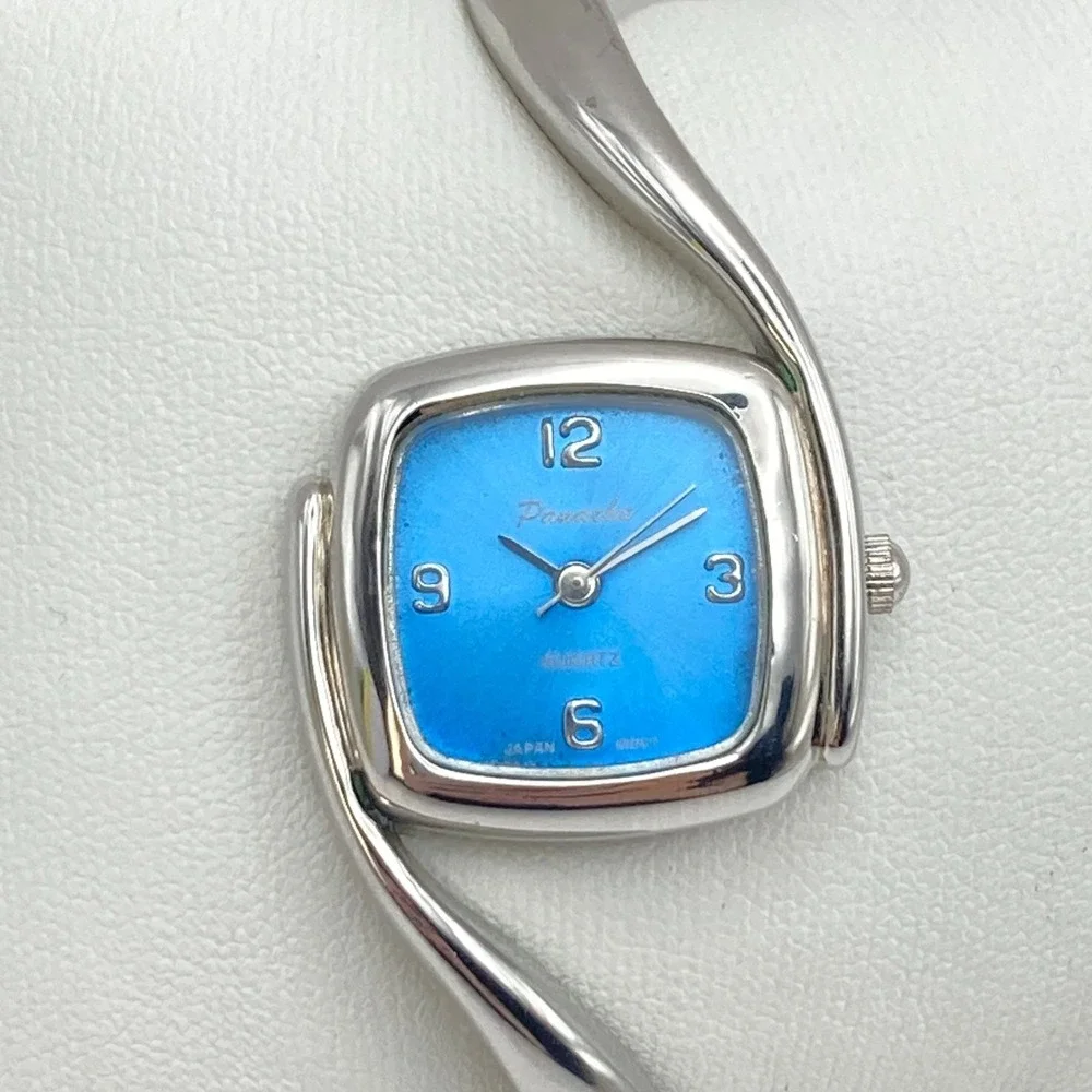 Panache Women's Watch Silver Tone Cuff Asymmetrical Blue New Battery SMALL 6
